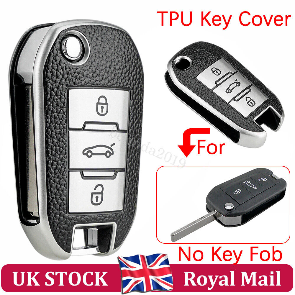 TPU & Leather 3 Button Key Fob Cover Decor Case for Citroen C4 Cactus 2014- 2016